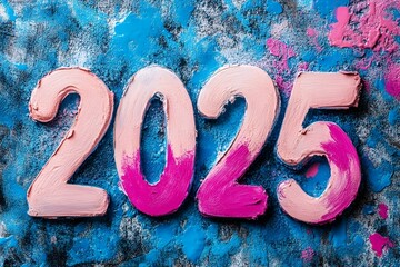 vibrant, textured 2025 New Year's greeting painted in pink, 2025 new year word art