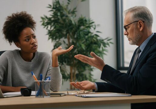 Office workers gesturing with hands while discussing a disagreement in the workplace