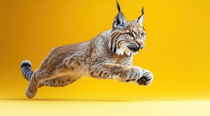 Lynx leaping on a yellow background