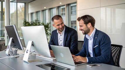 Obraz premium Professional portrait of two business colleagues collaboratively engaging with digital content online in a modern office setting 