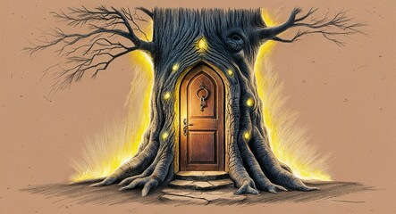 A magical door embedded into the side of an ancient tree with glowing light hand drawing
