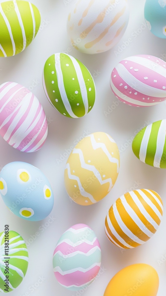 Poster many colorful easter eggs with different handmade drawings are lying on a white surface, creating a 
