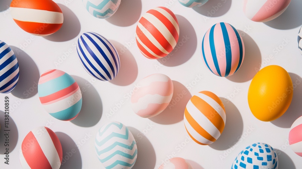 Poster colorful easter eggs featuring various patterns spread across a white surface, creating a vibrant an