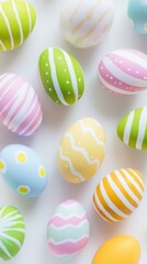 Obraz premium Many colorful easter eggs with different handmade drawings are lying on a white surface, creating a festive atmosphere perfect for celebrating easter