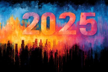 2025 new year word art design with Cityscape background, 2025 new year word art