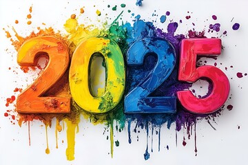 Vibrant Rainbow-Colored 2025 Number Art in a Colorful Paint Splatter Explosion, 2025 new year word art