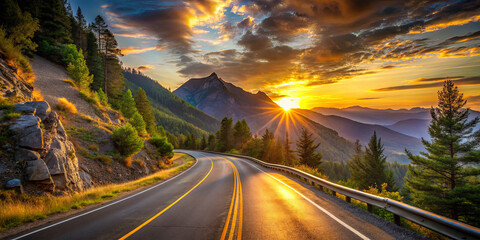 Naklejka premium Majestic mountains rise in the background as a winding road stretches through the serene landscape. The sunset casts a warm glow on the scene, enhancing the natural beauty