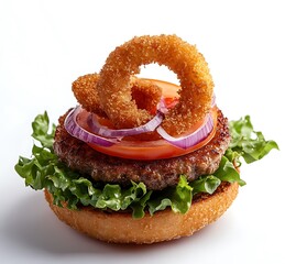 A close-up of a gourmet cheeseburger featuring crispy lettuce, ripe tomato, and red onion rings, placed on a pristine white background