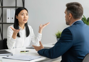 Businesswoman arguing with businessman during a difficult meeting in the office