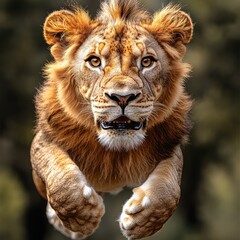 A lion is leaping into the air with its mouth open