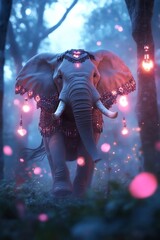 Fototapeta premium Majestic elephant adorned with glowing lights in enchanted forest.