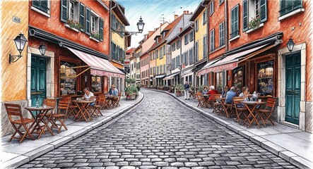 A quaint European street with cafes street musicians and cobblestone roads hand drawing