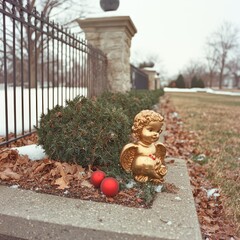 Golden Cherub Ornament in Winter Garden Setting