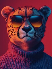 Fototapeta premium portrait of an anthropomorphic cheetah wearing sunglasses and a sweater