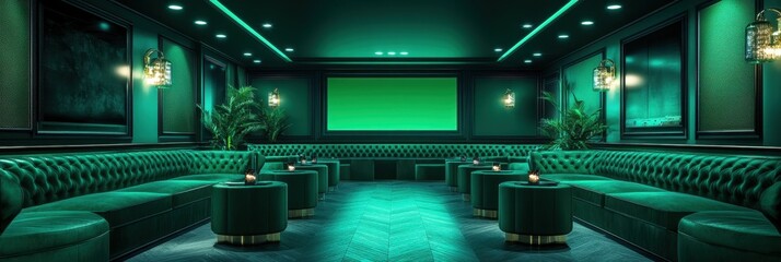 Fototapeta premium Green karaoke room, hotel with huge upholstered sofas, party atmosphere