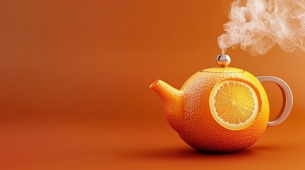 Steaming teapot crafted from vibrant orange fruit resting against a vivid orange background, featuring a carved citrus slice and releasing a delicate wisp of aromatic steam