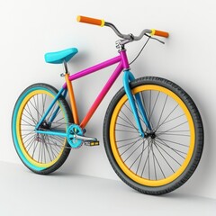Obraz premium A modern bicycle with vibrant colors leaning against a wall on a white background. 