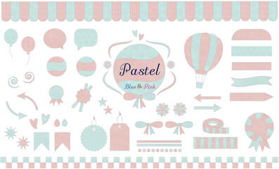 パステル（水色＆ピンク）フレーム・パターン・タグ・気球・風船・リボン・タグなどいろんなアイテムセット
