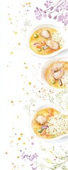 Boho winter food pattern, frozen lamb curry with rice, delicate watercolor, isolated on white background