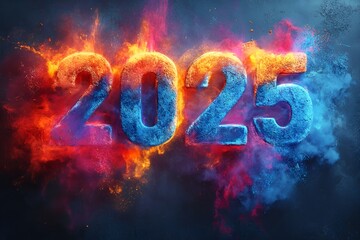 Explosive Arrival of 2025: A Fiery and Colorful New Year's Celebration, 2025 new year word art