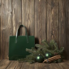 Green Gift Bag with Christmas Decorations on Wood