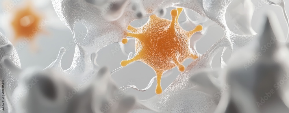 Poster a close-up view of microscopic cells, featuring an orange cell surrounded by translucent structures,