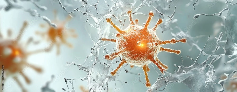 Poster the image depicts a close-up of a virus, showcasing its structure with spikes and a glowing core, se