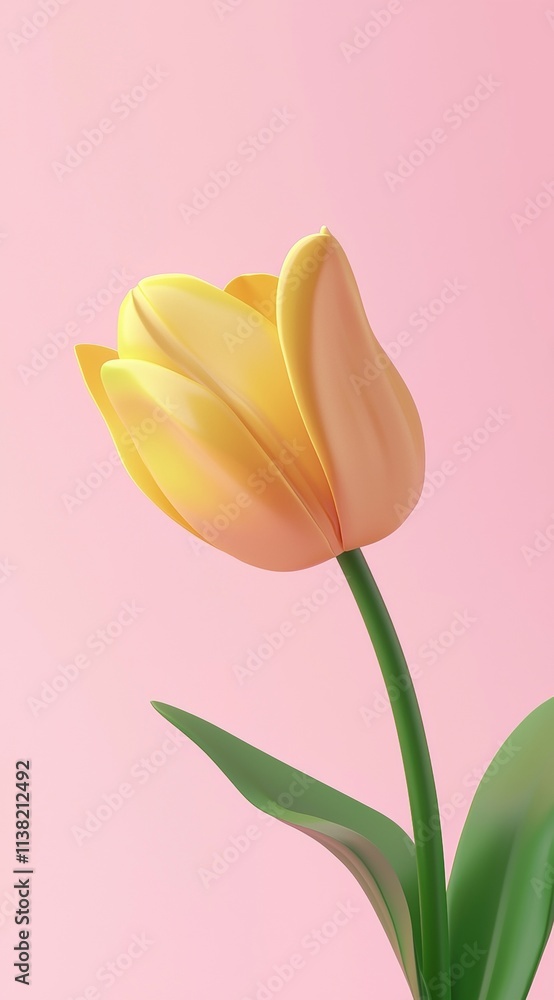 Poster Single yellow tulip with green leaves and stem is elegantly displayed against a solid pink backdrop, creating a visually appealing composition that evokes the essence of spring