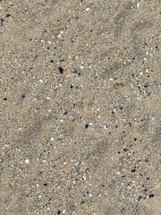 A detailed close up view of a sandy surface showing footprints in it