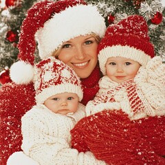 Happy mother with twin babies in Christmas hats and sweaters near a decorated tree.