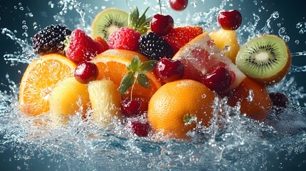 Colorful Assorted Fresh Fruits with Refreshing Water Splashes Wellness Healthy Concept AI Generated