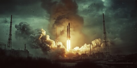 Powerful rocket launch against a dramatic sky