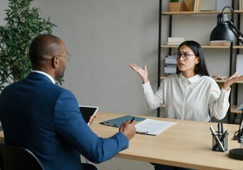 Young businesswoman feeling stressed and gesturing during job interview with human resources manager
