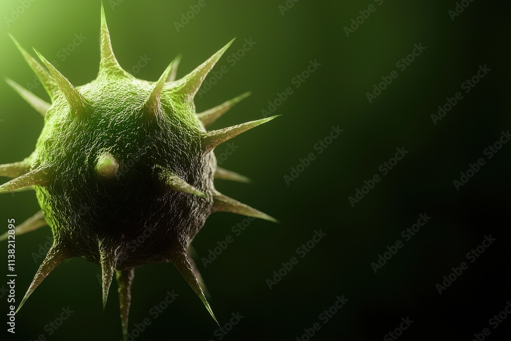Poster a close-up view of a spiky, microscopic organism against a soft green backdrop, emphasizing its intr