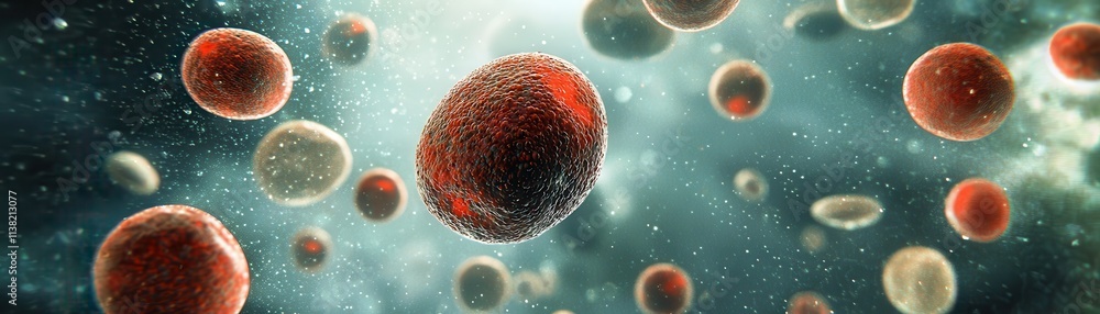 Poster a vibrant depiction of microscopic cells suspended in a luminous, ethereal environment, showcasing t