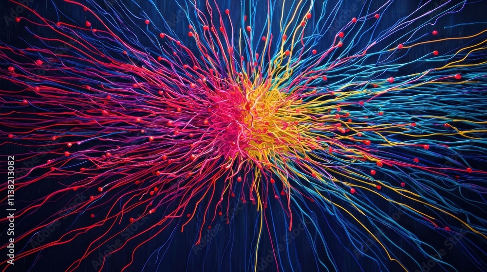 Poster a vibrant explosion of colored lines radiates from a central point, creating a dynamic, abstract vis