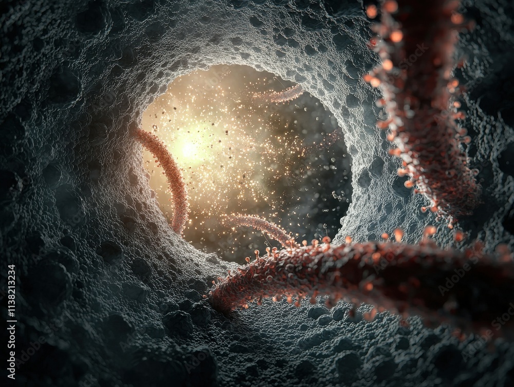 Poster a captivating view inside a cell, featuring tendrils extending towards a glowing core, highlighting 
