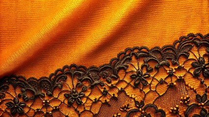 Amber fabric with dark ornate lace trim detail