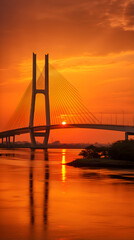Obraz premium Spectacular Sunset View of Bhumibol Bridge, the Industrial Ring Road Bridge in Thailand