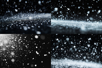 White snow particles in a black sky, a flat perspective, a pure black background