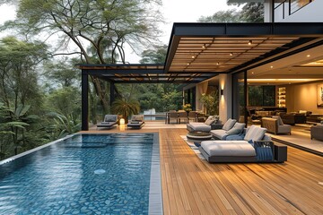 a lavish side outside garden at morning with a teak hardwood deck and a black pergola Scene in the evening with couches and lounge chairs by the pool