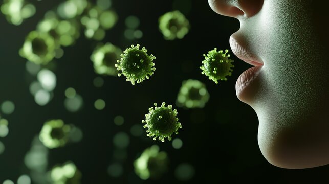Microscopic view of virus particles being exhaled by a woman, illustrating the transmission of airborne diseases through respiratory droplets