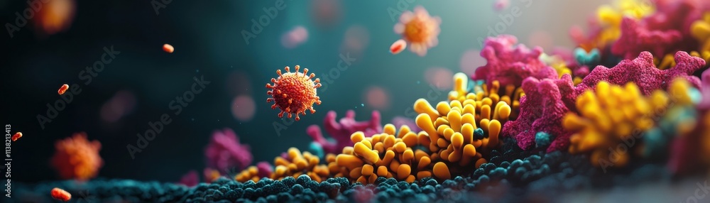 Poster a vibrant, microscopic view showcasing colorful viruses and cellular structures in a dynamic, abstra