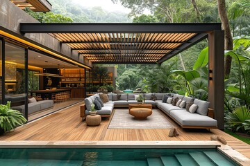 a lavish side outside garden at morning with a teak hardwood deck and a black pergola Scene in the evening with couches and lounge chairs by the pool