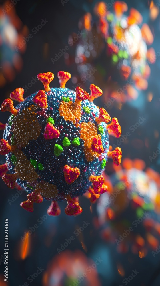Poster coronavirus particles are depicted in a microscopic view, showcasing their intricate structure and v