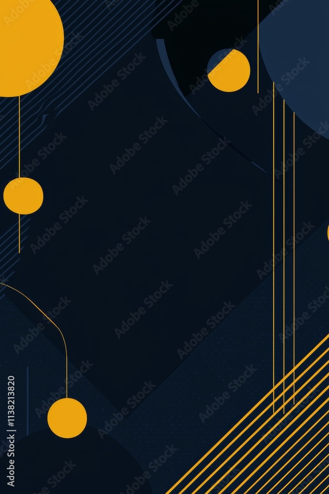 Poster modern abstract background featuring yellow circles suspended from thin lines, intersecting with geo