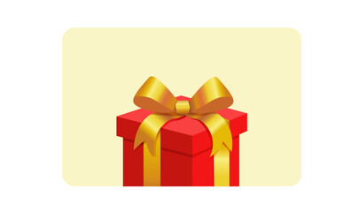 Vector Gift Card and Blank Gift Certificate with red gift box Silk Ribbon and gold Satin Bow . Greeting or Sale Card, Isolated. Birthday, Christmas, Party Gifts, Invitation 