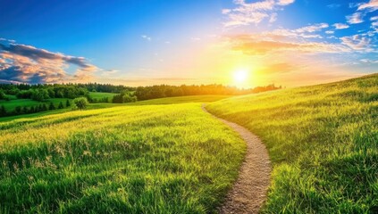 Obraz premium Sunset over Rolling Green Hills and a Winding Path