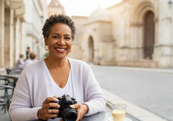 Happy mature black woman tourist is holding a camera and smiling at outdoor cafe in a historic european city