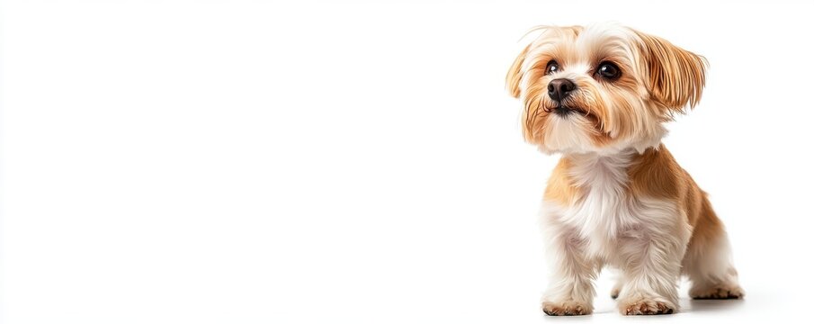 Pure youth crazy Shih Tzu young dog is posing Cute playful whitebraun doggy or pet is playing and looking happy isolated on white background Concept of motion, action, movement